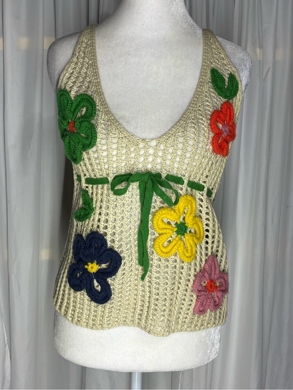 Zara Cream Crochet Floral Tie-Front Top with Multicolor Appliqués M